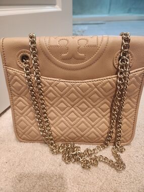 Tory Burch Beige Quilted Shoulder Bag with Gold Chain